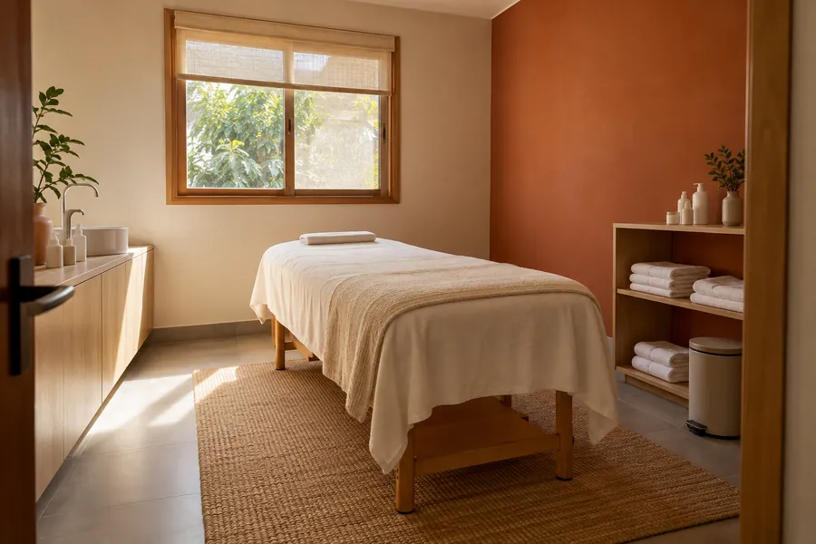 Sala de estética arrumada, com maca e toalhas dobradas.
